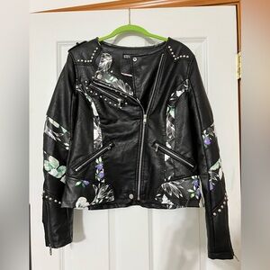Steve Madden Women's Floral Studded faux leather Biker/Moto Jacket Blk sz Medium
